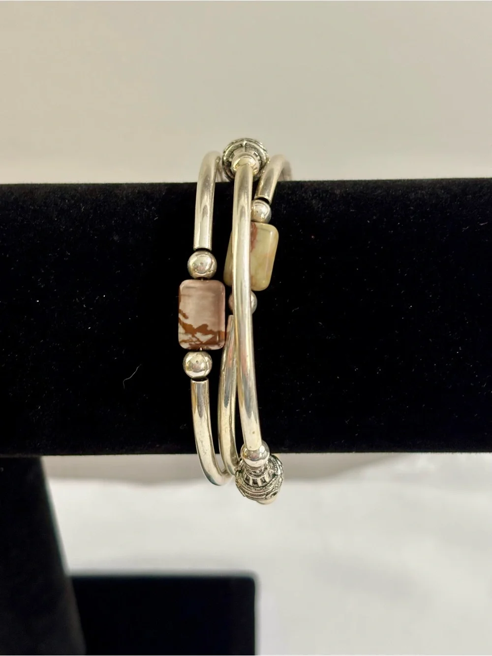 Vintage Genuine Stone Memory Wire Wrap Silver Tone Bracelet